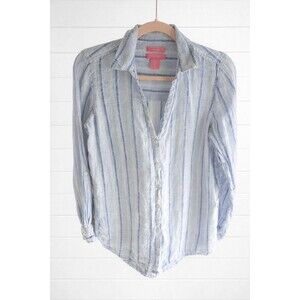 Isaac Mizrahi Linen Blue Striped V-Neck Long Sleeve Button Up Blouse Small